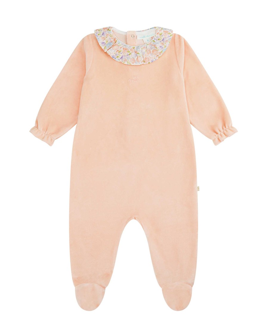 Marie Chantal Baby Girl | Olympia Ruffle Collar Velour Sleepsuit