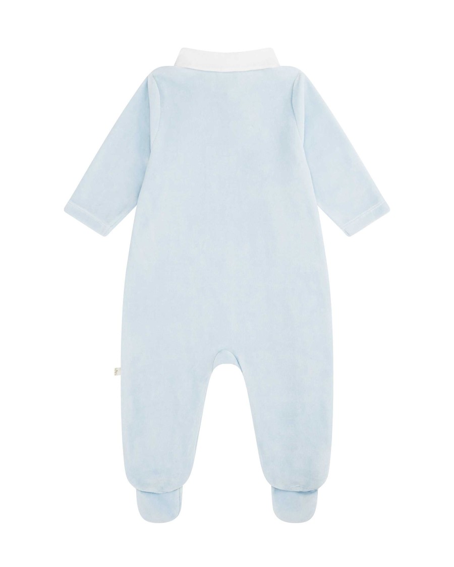 Marie Chantal Baby Boy | Tino Crown Peter Pan Collar Velour Sleepsuit - Blue