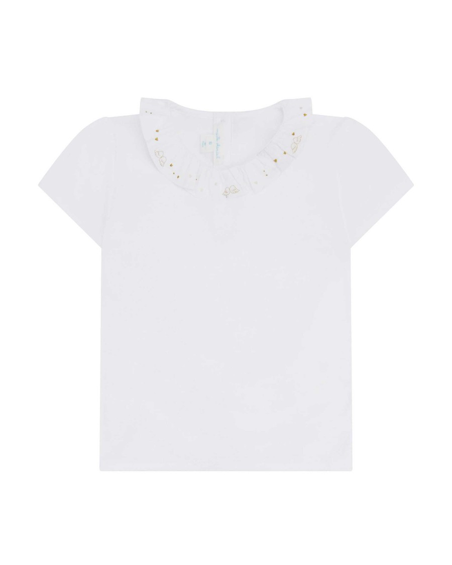 Marie Chantal Loungewear | Angel Wing & Heart Ruffle Collar T-Shirt - Child White & Gold