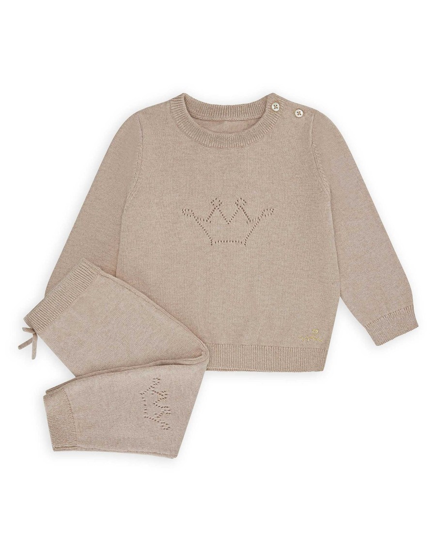 Marie Chantal Baby Boy | Pointelle Crawler Set - Crown Biscuit