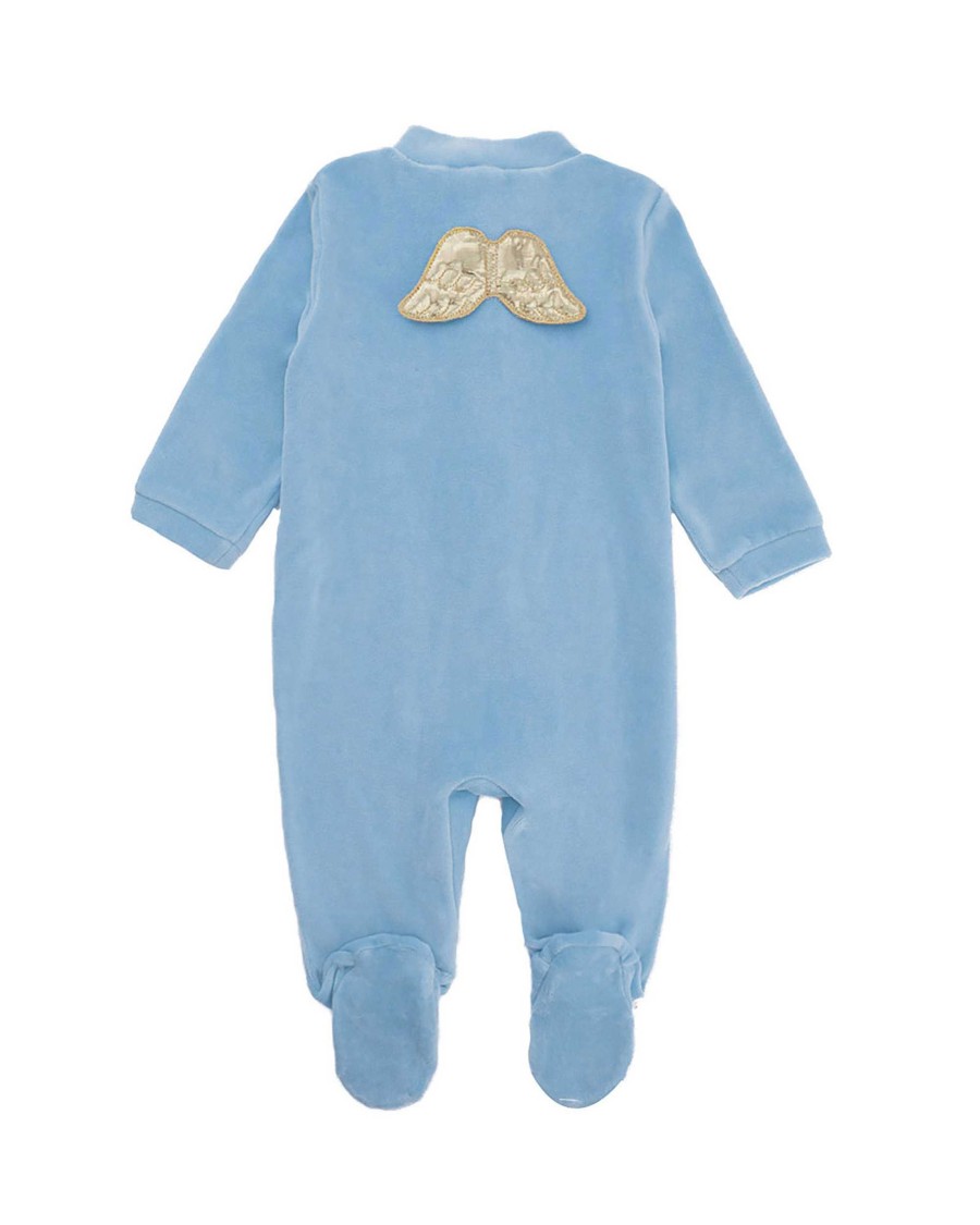 Marie Chantal The Iconic Angel Wing | Angel Wing Velour Sleepsuit - Dusty Blue & Gold