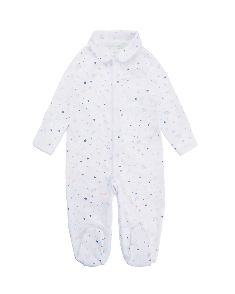 Marie Chantal Baby Boy | Star & Crown Sleepsuit With Mittens - Blue