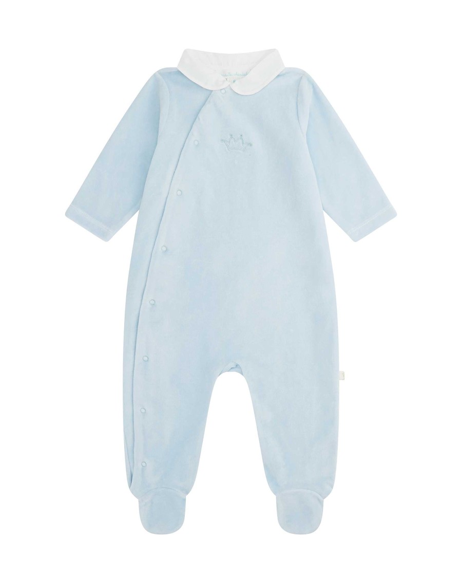 Marie Chantal Baby Boy | Tino Crown Peter Pan Collar Velour Sleepsuit - Blue